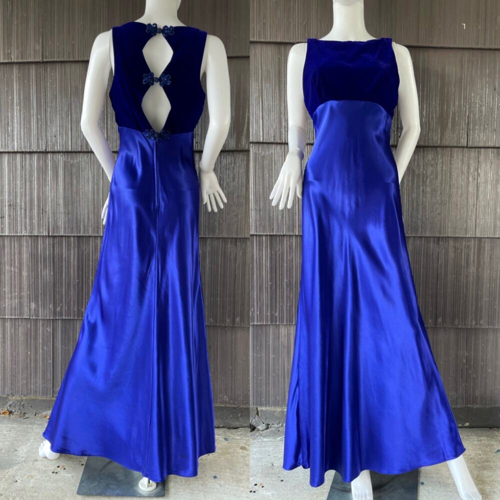 π₯VTG Y2K 90s ILGWU Velvet Satin Royal Blue Fit Flare Glam Formal Maxi Dress 4/6